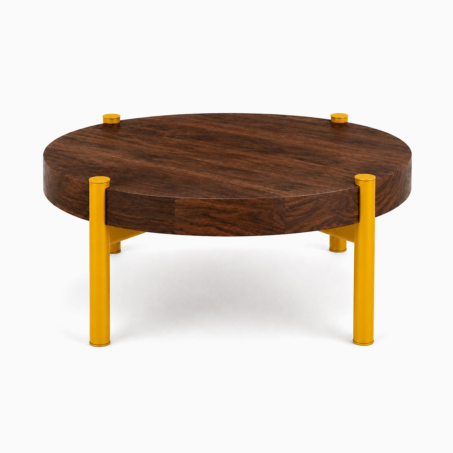 Stay Coffee Table features a round solid hardwood top with vibrant yellow metal legs, blending modern design with durable American-made quality.