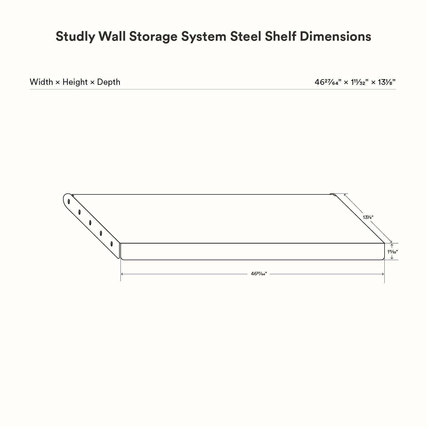 Technical line drawing showing dimensions of the Studly Wall Storage System Steel Shelf with detailed width, height, and depth measurements.