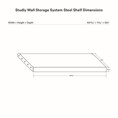 Technical line drawing showing dimensions of the Studly Wall Storage System Steel Shelf with detailed width, height, and depth measurements.