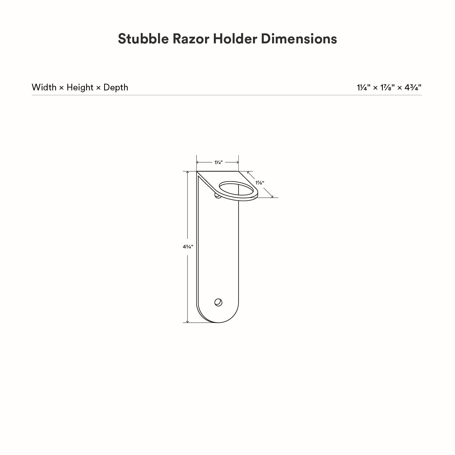 Technical line drawing showing dimensions of the Stubble Razor Holder with measurements for width, height, and depth in inches