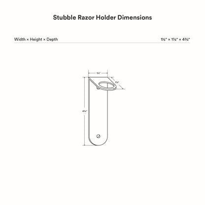 Technical line drawing showing dimensions of the Stubble Razor Holder with measurements for width, height, and depth in inches