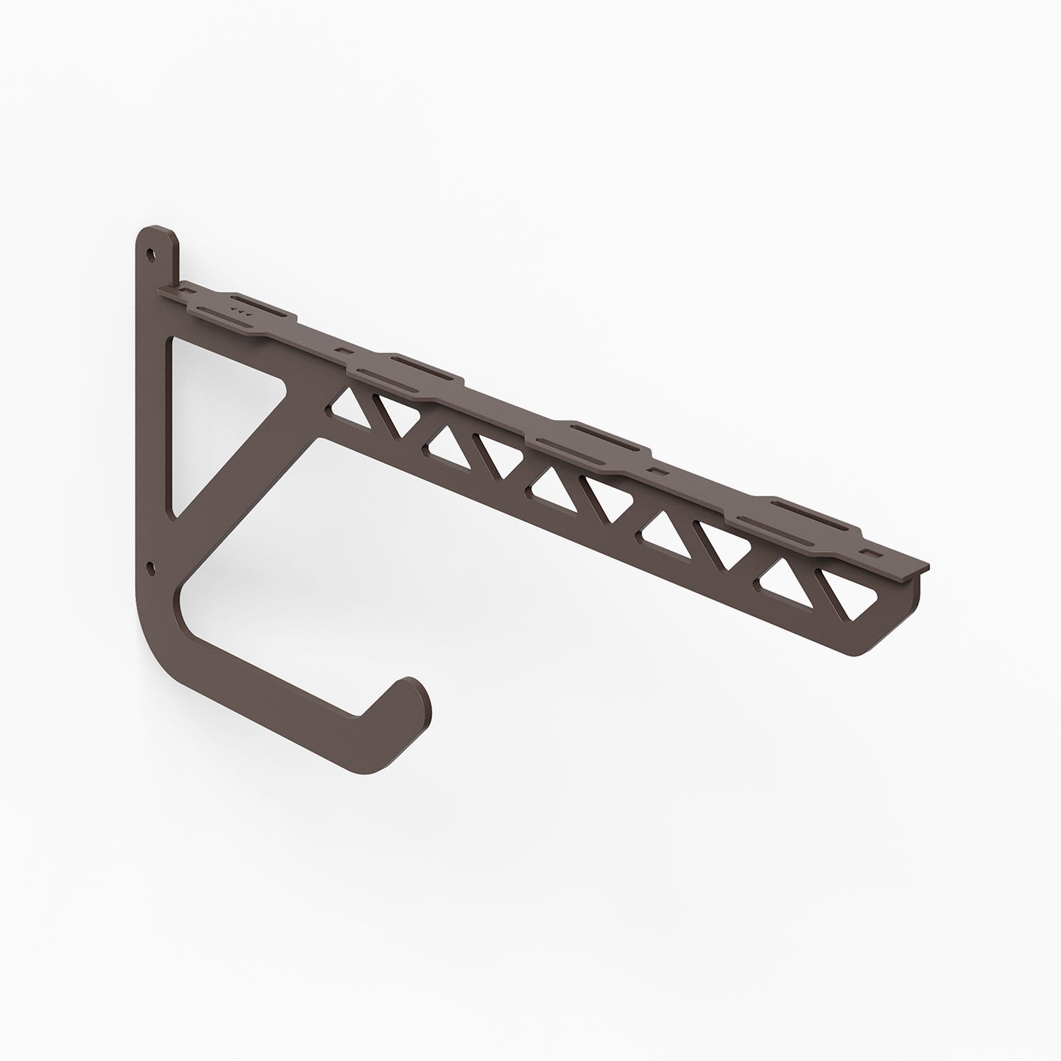 Studly Wall Storage Bench Bracket in dark metal with triangular cutouts and hook, designed for durable wall storage and organization.