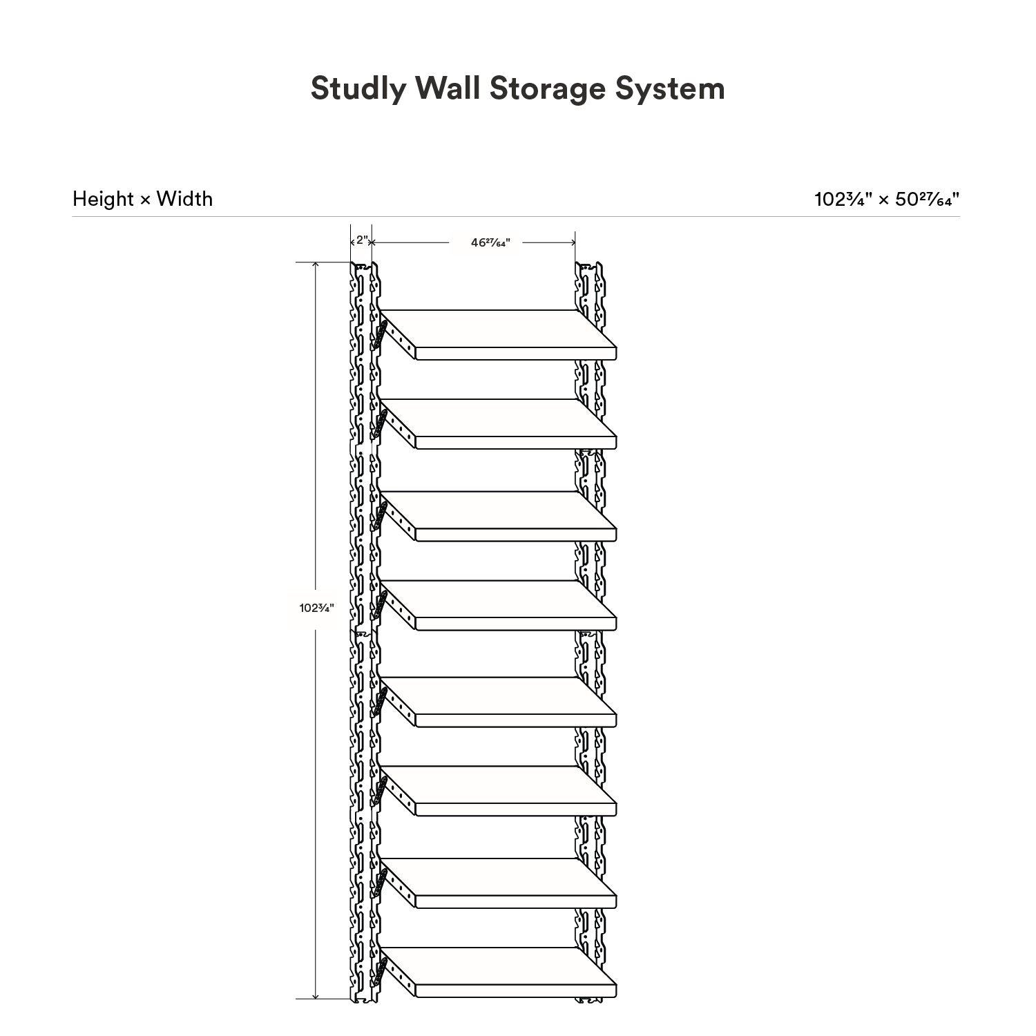 Technical line drawing of the Studly Wall Storage System (8 Shelf) showing its minimalist design with eight steel shelves for organized wall display and storage.