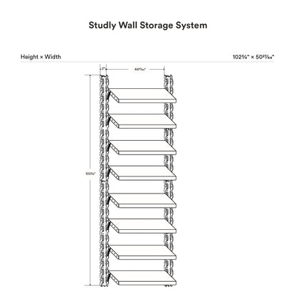 Technical line drawing of the Studly Wall Storage System (8 Shelf) showing its minimalist design with eight steel shelves for organized wall display and storage.