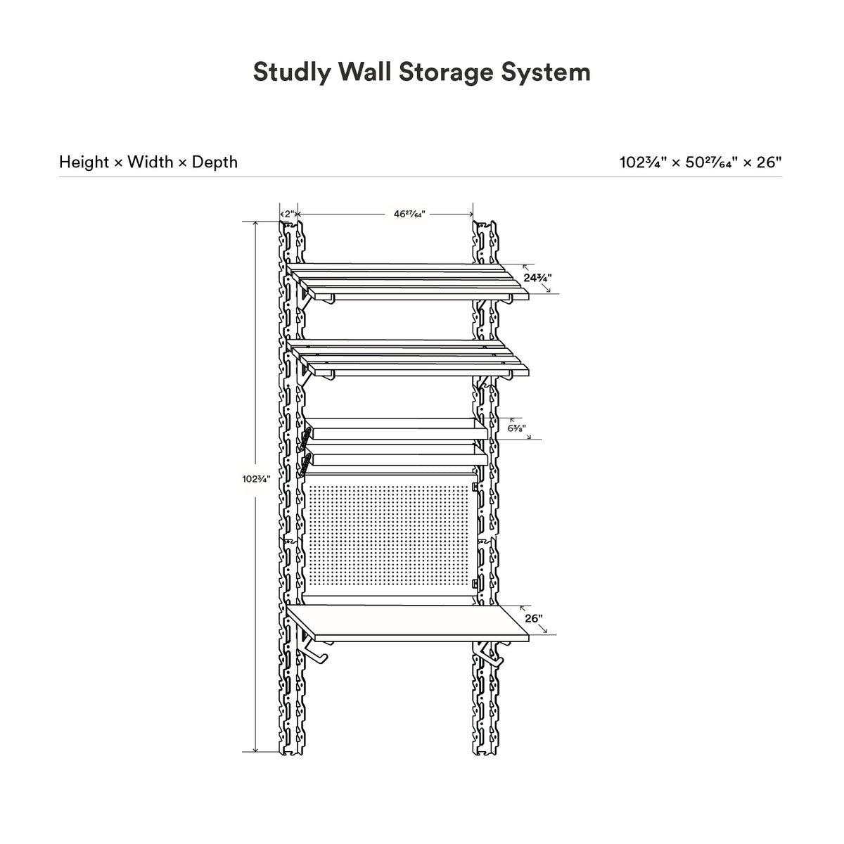 Diagram showing dimensions and layout of the Studly Wall Storage Workbench & Tray system with multiple shelves, pegboard, and a workbench surface