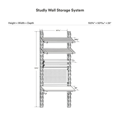 Diagram showing dimensions and layout of the Studly Wall Storage Workbench & Tray system with multiple shelves, pegboard, and a workbench surface