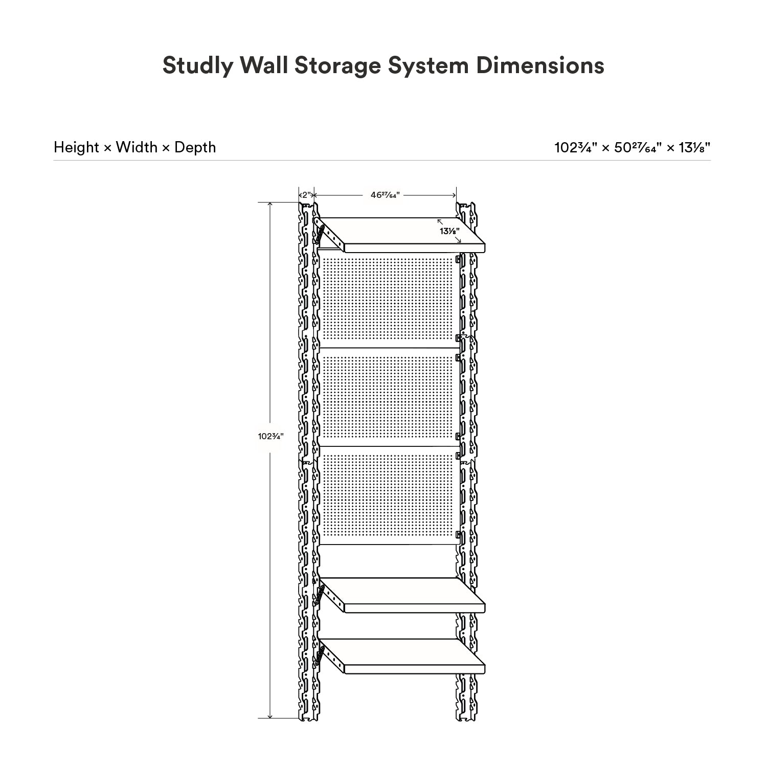 Technical drawing showing dimensions of the Studly Wall Storage Shelf & Pegboard System with three shelves and pegboard panels for customizable wall organization.