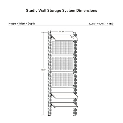 Technical drawing showing dimensions of the Studly Wall Storage Shelf & Pegboard System with three shelves and pegboard panels for customizable wall organization.