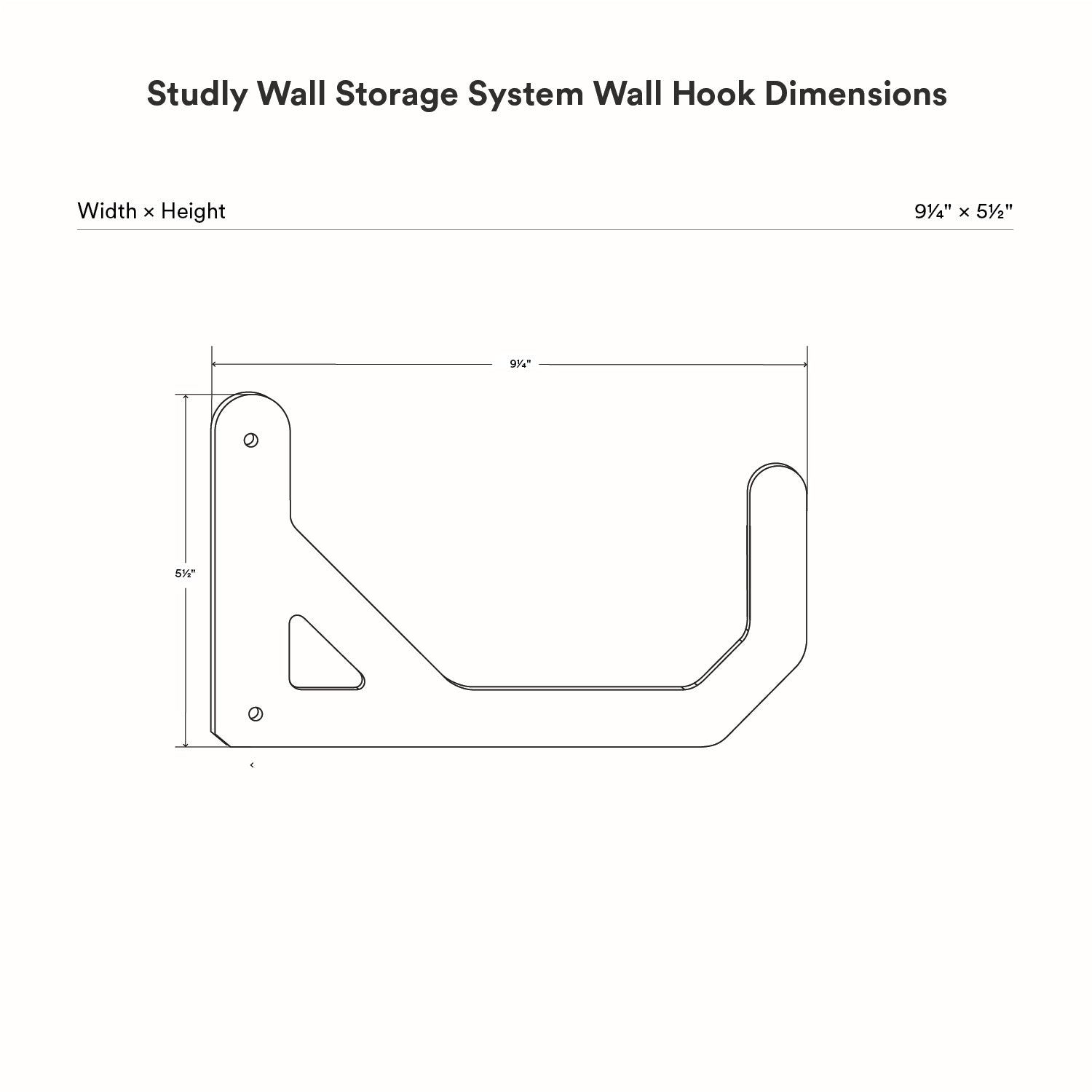 Technical line drawing showing precise dimensions of Studly Wall Storage System Ceiling Hook (Copy) with wall hook shape and measurements in inches.