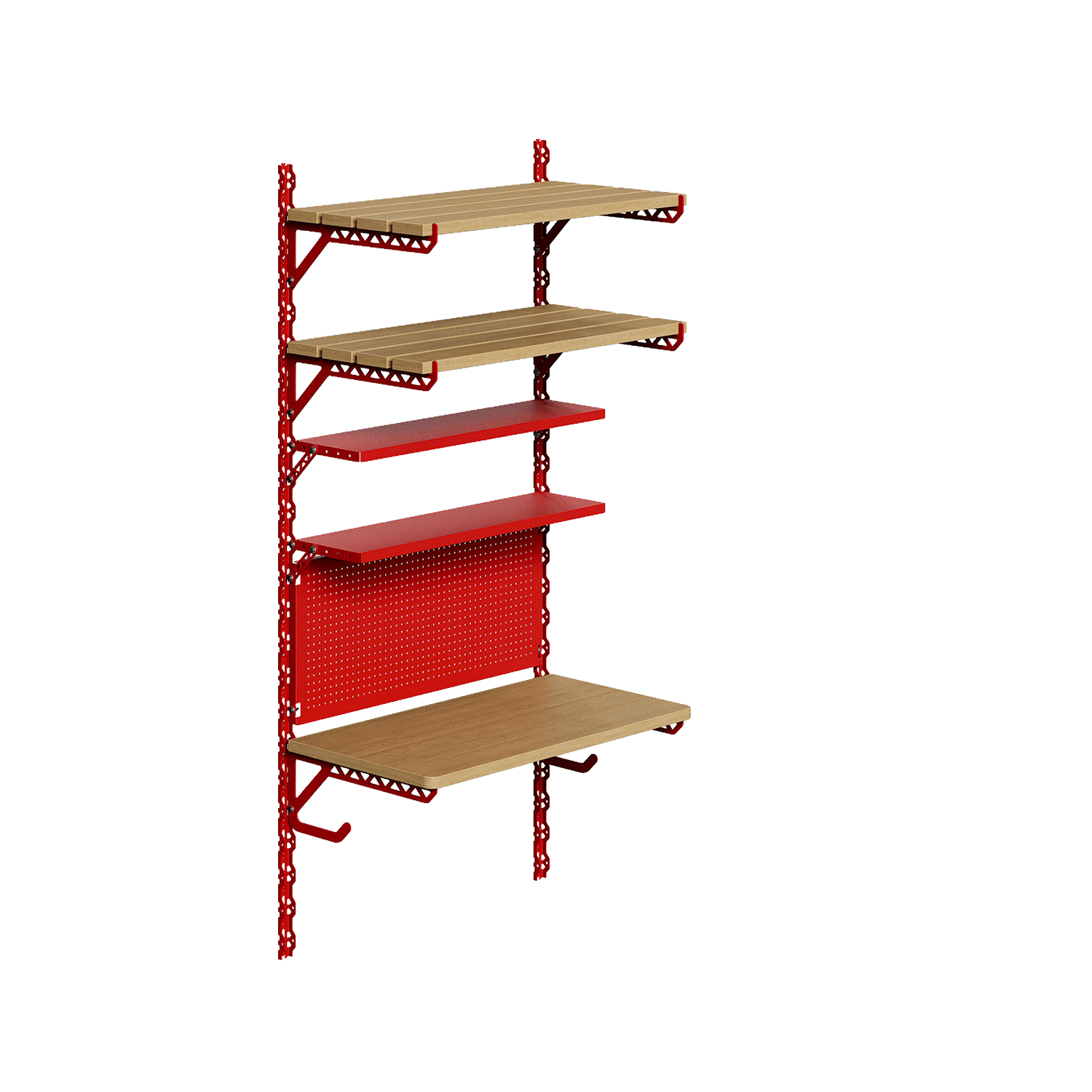 Wall mounted shelving system with wood and red metal shelves plus a perforated pegboard back panel