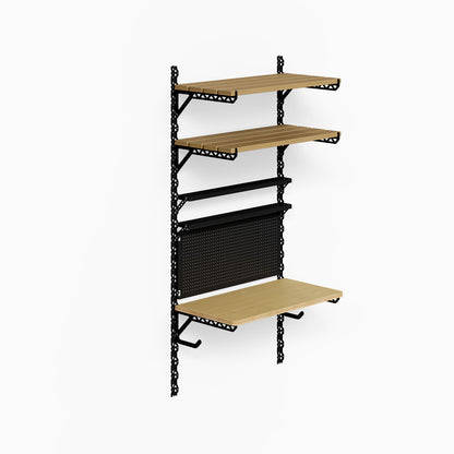 Studly Wall Storage Workbench & Tray system with black steel frame, wood shelves, pegboard, and hooks for organized wall storage and workspace.