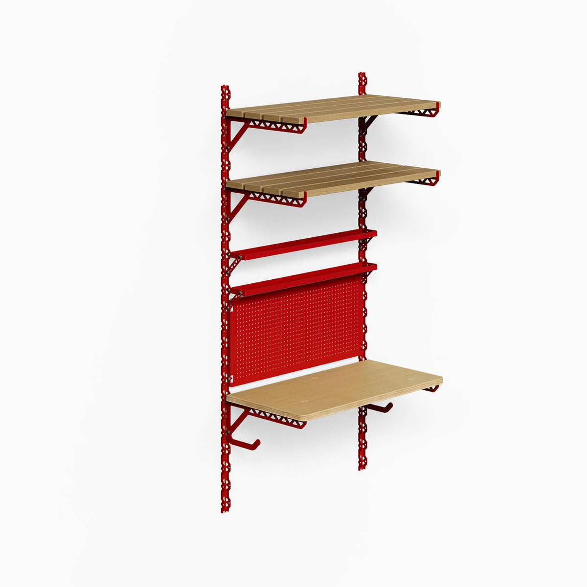 Studly Wall Storage Workbench & Tray system with sturdy red steel frame and natural wood shelves, designed for functional wall storage and organization.