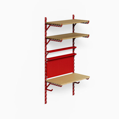 Studly Wall Storage Workbench & Tray system with sturdy red steel frame and natural wood shelves, designed for functional wall storage and organization.