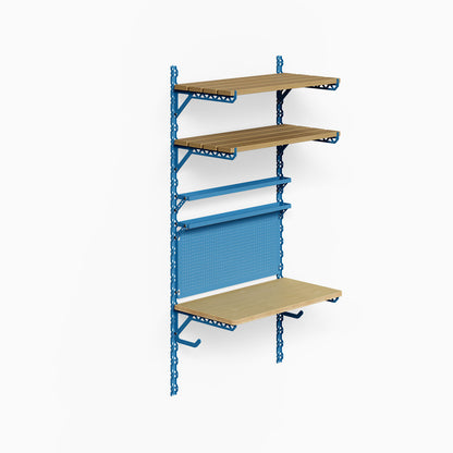 Studly Wall Storage Workbench & Tray system featuring blue steel frame with three wooden shelves, pegboard, and hooks designed for organized wall storage.
