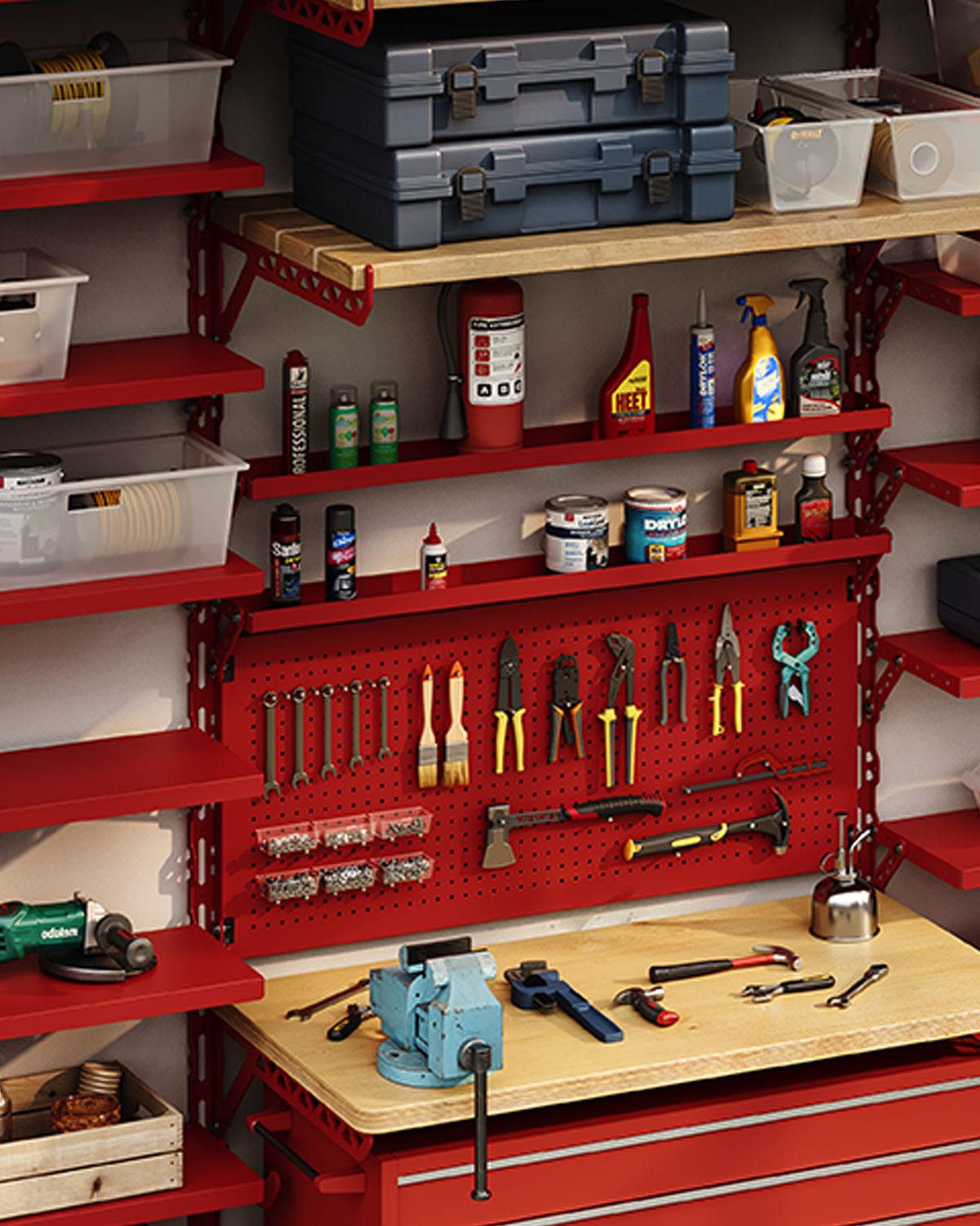 Organized garage workshop with red wall shelves pegboard tool storage plastic bins and a wooden workbench with vise and hand tools