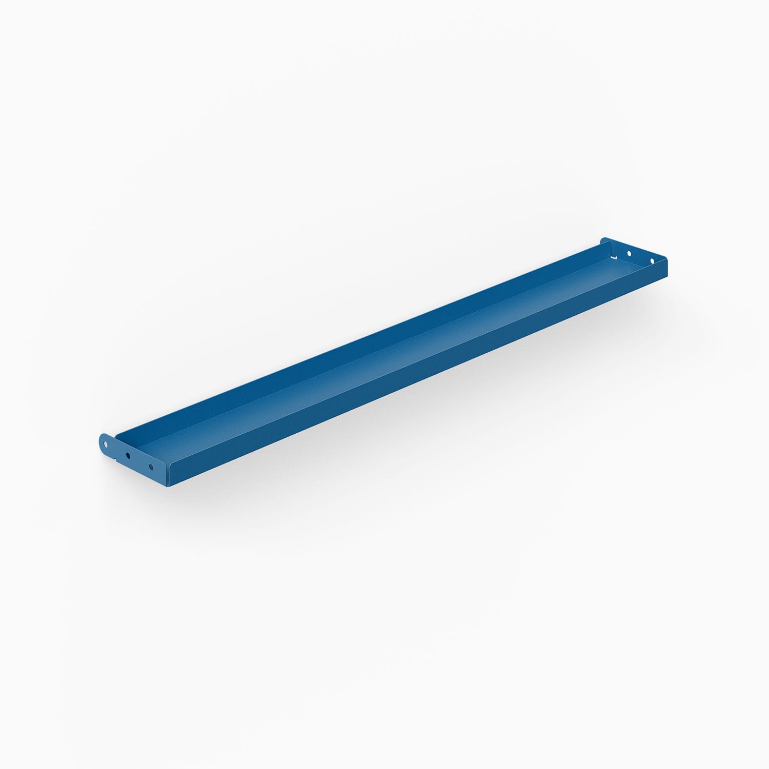 Minimalist blue steel wall-mounted tray designed for organizing and displaying items, part of the Studly Wall Storage System Steel Tray.