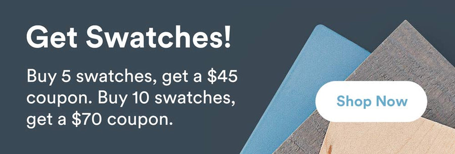 Promotional graphic featuring fabric and material swatches in blue, gray, and beige tones alongside text offering coupon discounts for ordering multiple samples.