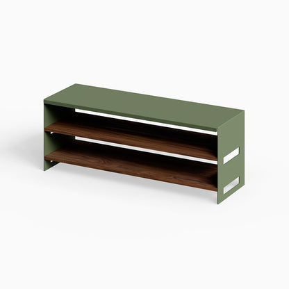 Take Five Bench + Shoe Rack with olive green metal frame and walnut wood shelves, combining durable materials for functional wall storage.