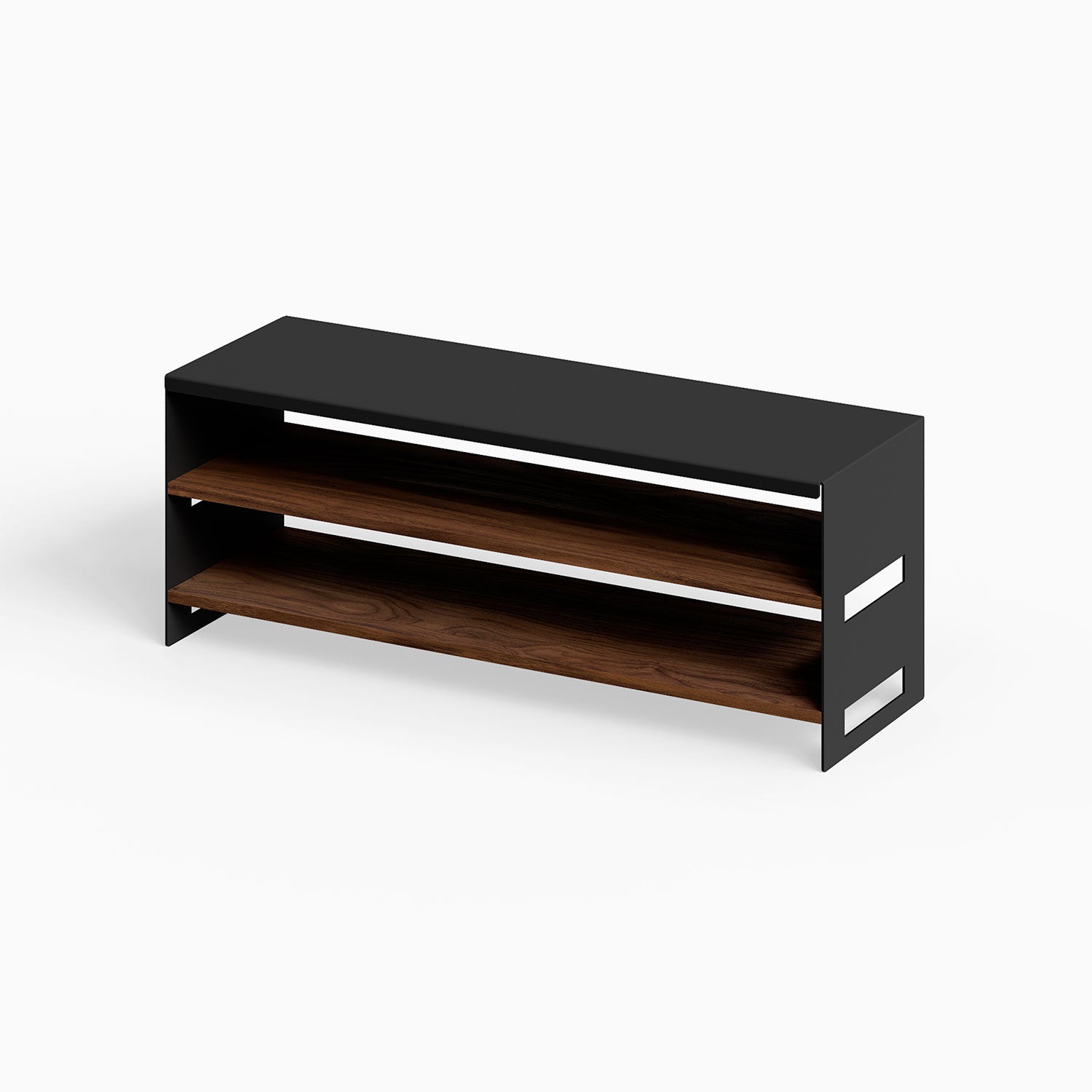 Take Five Bench + Shoe Rack with black metal frame and walnut wood shelves, designed for functional, minimalist shoe storage and seating.