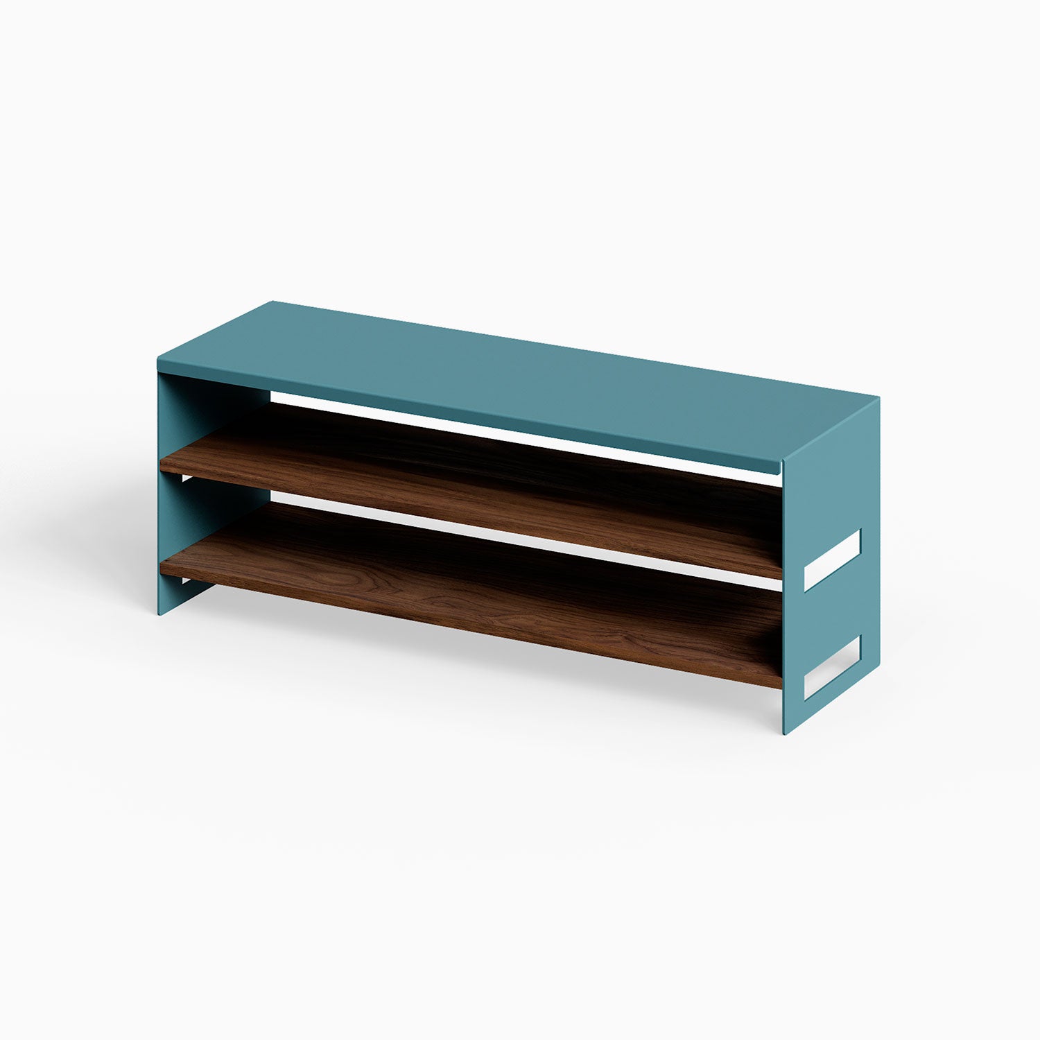 Take Five Bench + Shoe Rack features a sleek minimalist design with walnut wood shelves and a durable steel frame for organized, stylish entryways.