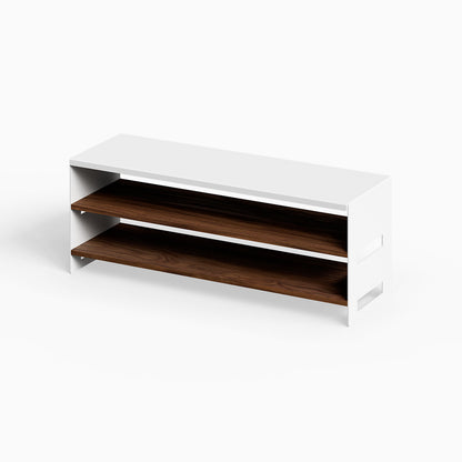 Take Five Bench + Shoe Rack with minimalist white frame and walnut wood shelves, designed for functional, durable organization and stylish display.