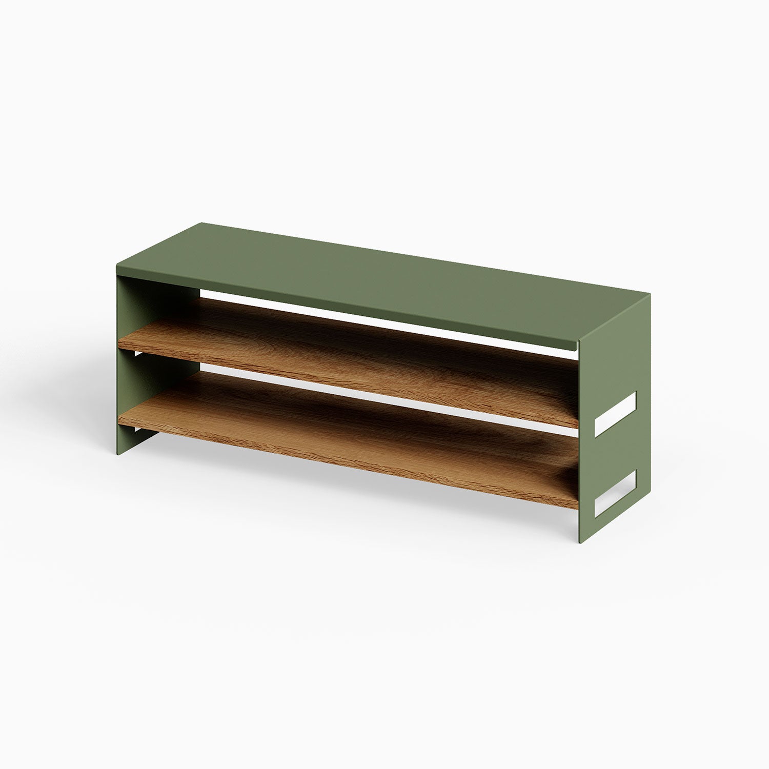 Take Five Bench + Shoe Rack in olive green with two solid hardwood shelves, combining modern design and durable mixed materials for organized spaces.