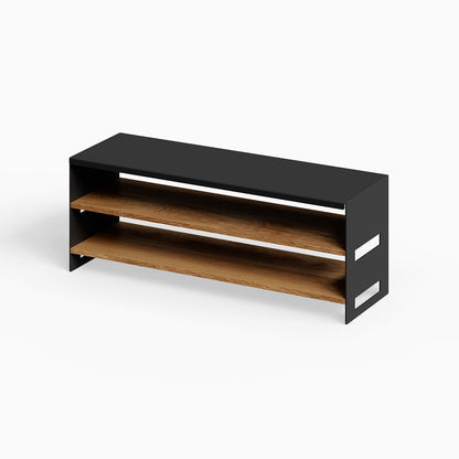 Take Five Bench + Shoe Rack features a sleek black metal frame with warm wood shelves, ideal for organized entryway seating and storage.