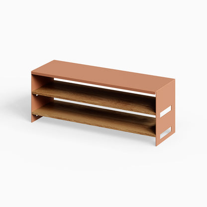 Take Five Bench + Shoe Rack featuring a minimalist design with a clay-colored steel frame and two natural wood shelves for organized shoe storage.