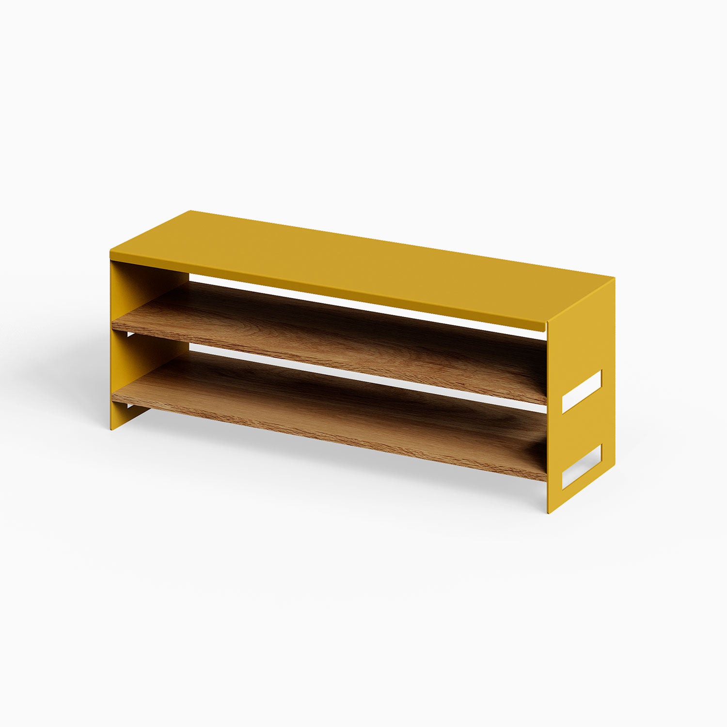 Take Five Bench + Shoe Rack features a minimalist design with mustard steel frame and solid hardwood shelves for durable storage and organization.