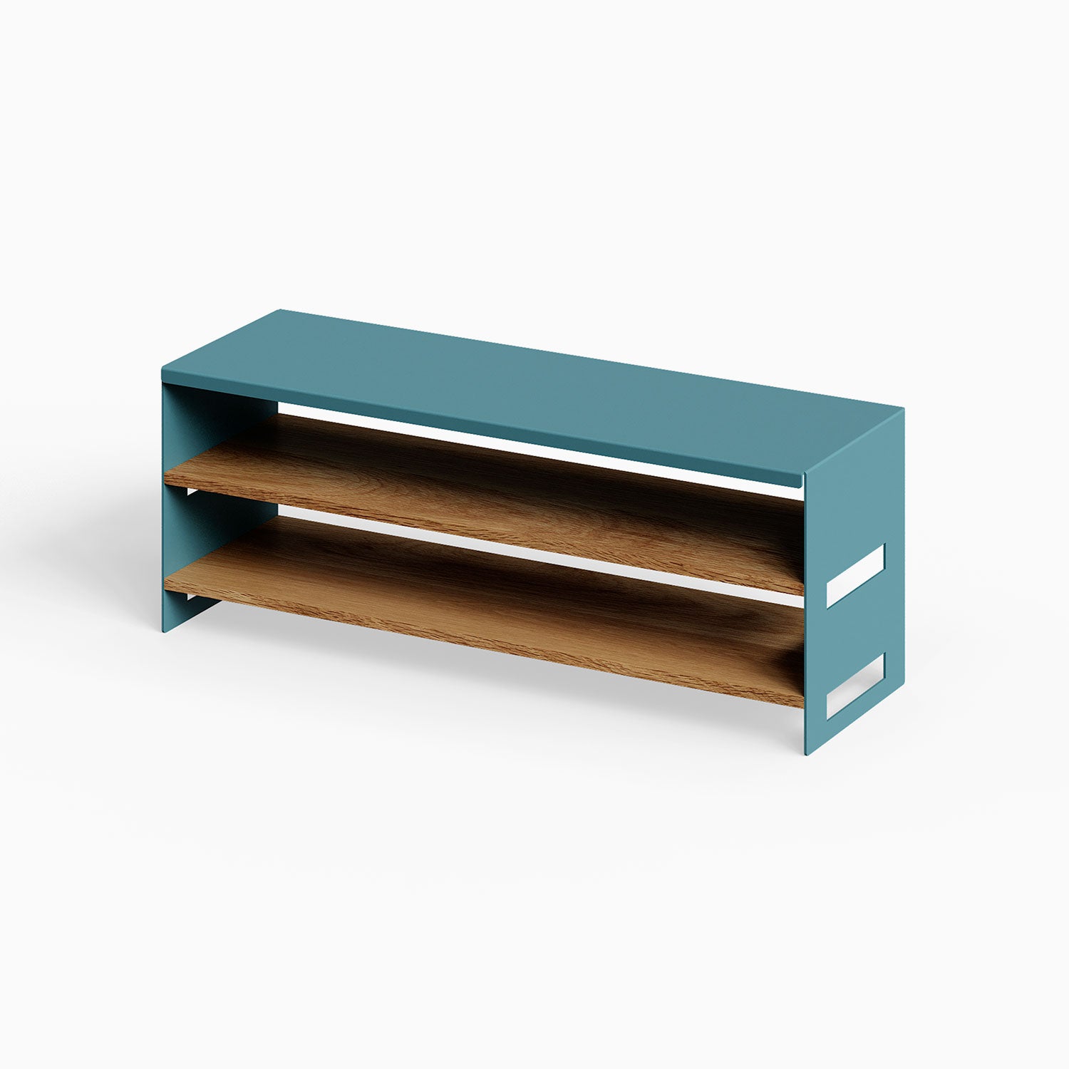 Take Five Bench + Shoe Rack with a minimalist blue steel frame and solid oak wooden shelves, designed for functional organization and modern style.