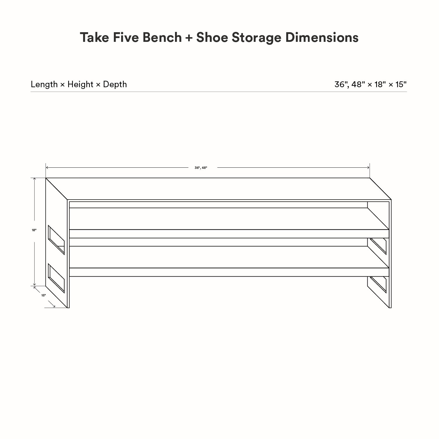 Take Five Bench + Shoe Rack line drawing showing clean, minimalist design with two open shelves for shoe storage and functional dimensions for efficient wall organization.