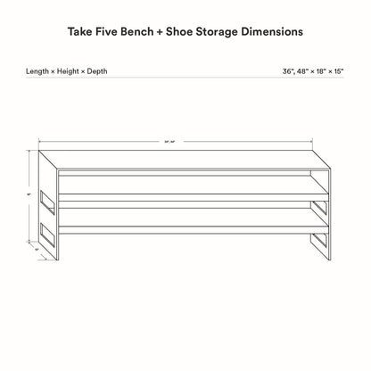 Take Five Bench + Shoe Rack line drawing showing clean, minimalist design with two open shelves for shoe storage and functional dimensions for efficient wall organization.