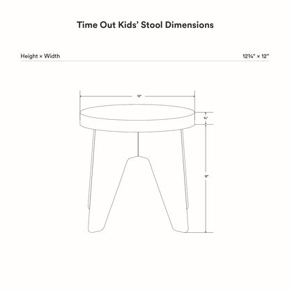 Technical line drawing showing dimensions of the Time Out Kids Stool, highlighting height of 12 1/4 inches and width of 12 inches for this minimalist wooden stool design.