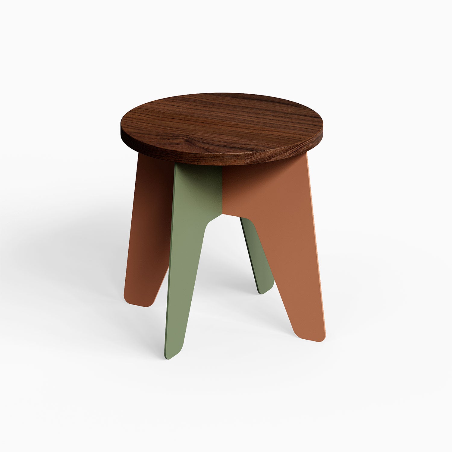Time Out Kids Stool with solid hardwood round walnut top and mixed-material angled legs in muted green and terracotta, minimalist design.