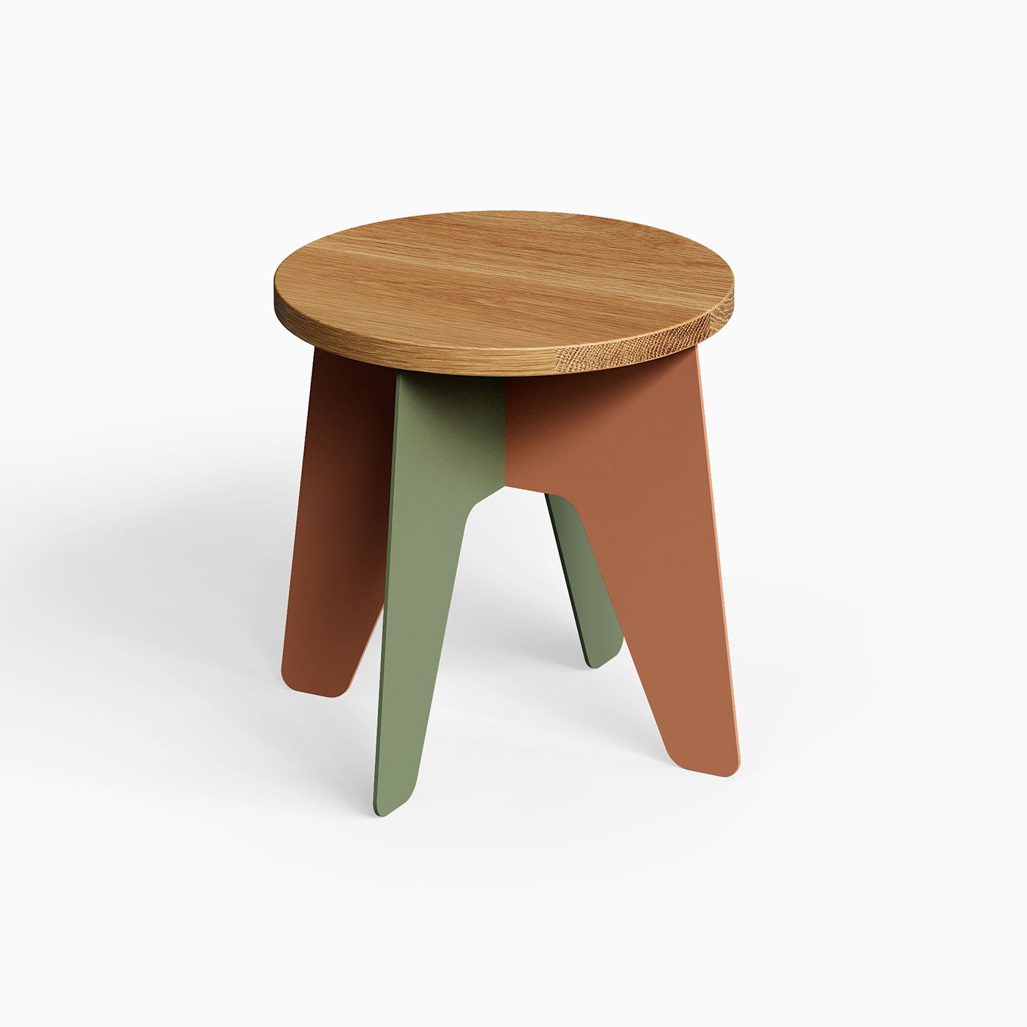 Time Out Kids Stool featuring a round solid hardwood seat with three angled legs in muted green and rust tones, designed for functional and stylish children's seating.