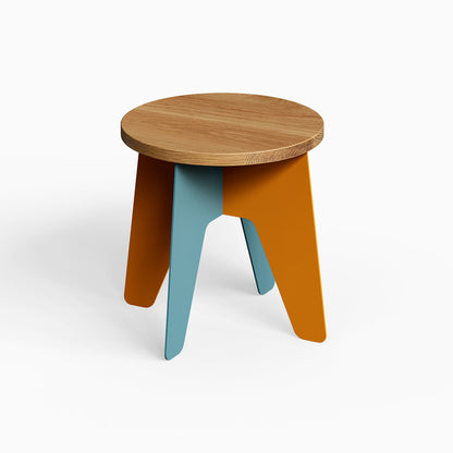 Time Out Kids Stool with a smooth round solid hardwood top and sturdy angled legs in blue and orange, designed for durability and style.