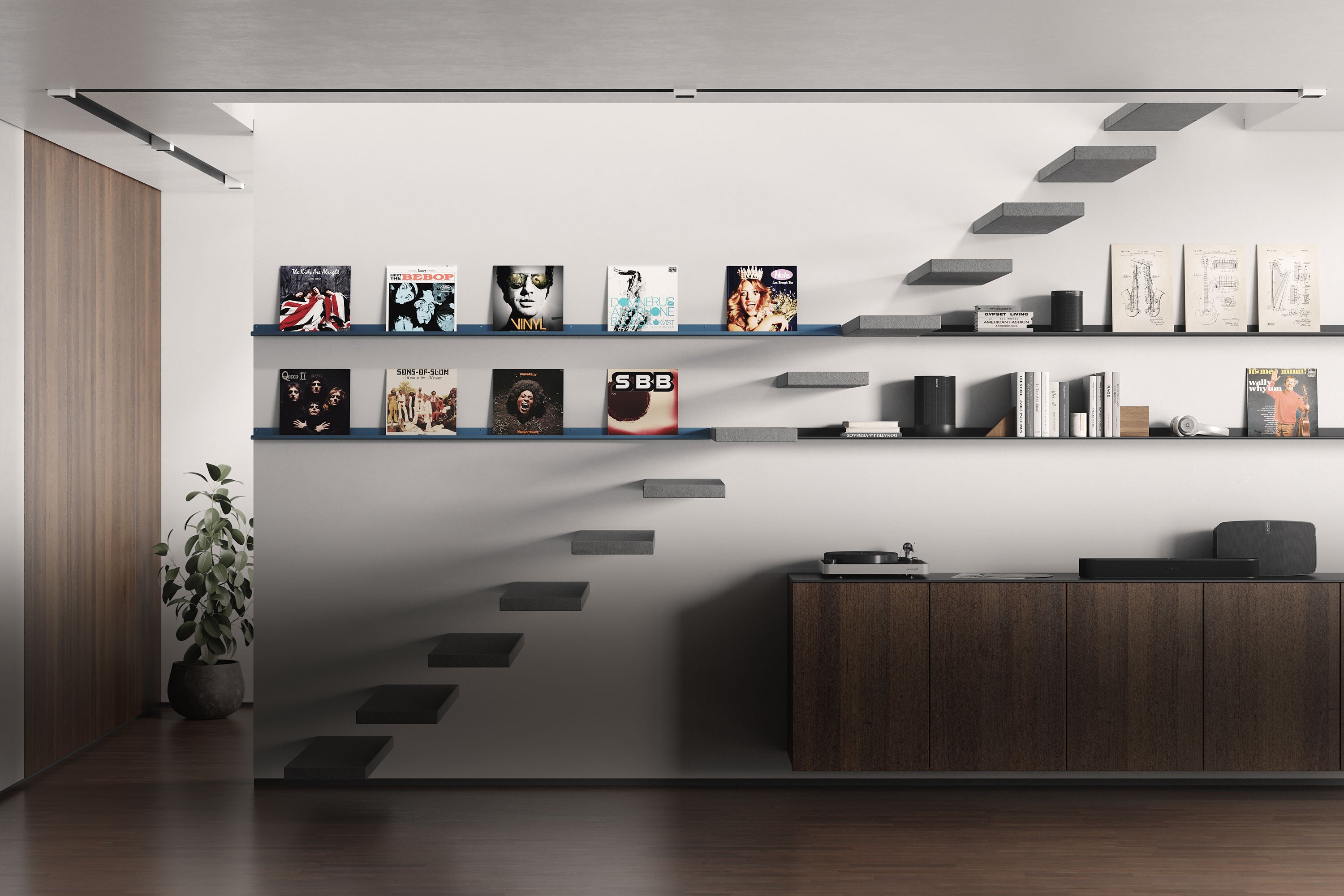 Modern living room wall with staggered floating shelves in dark metal displaying vinyl records and books, complemented by a low walnut wood cabinet with audio equipment and a turntable, next to a potted plant near a wooden door.