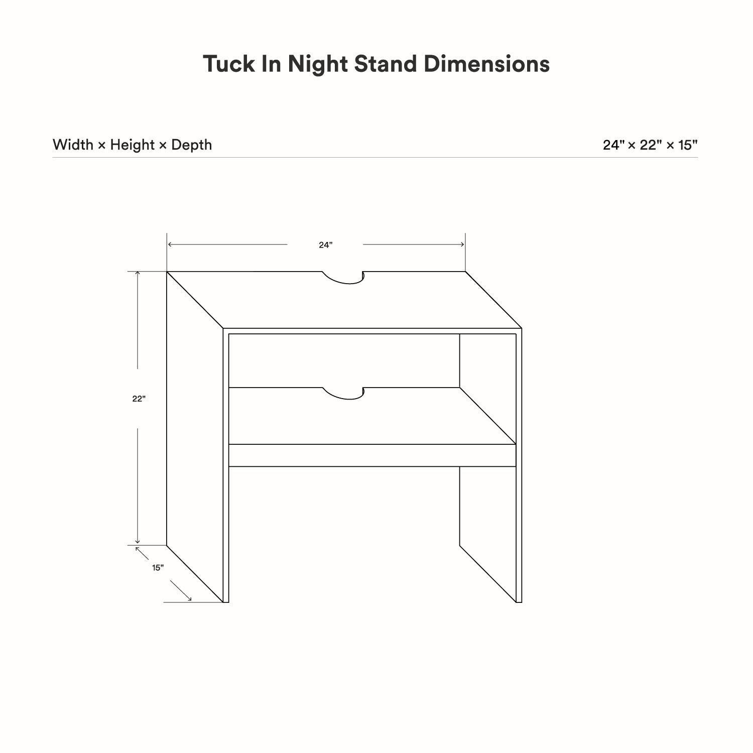 Tuck In Nightstand technical drawing showing a slim bent steel frame with a solid hardwood shelf