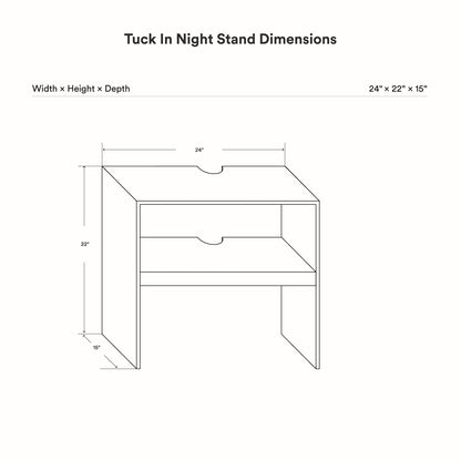 Tuck In Nightstand technical drawing showing a slim bent steel frame with a solid hardwood shelf