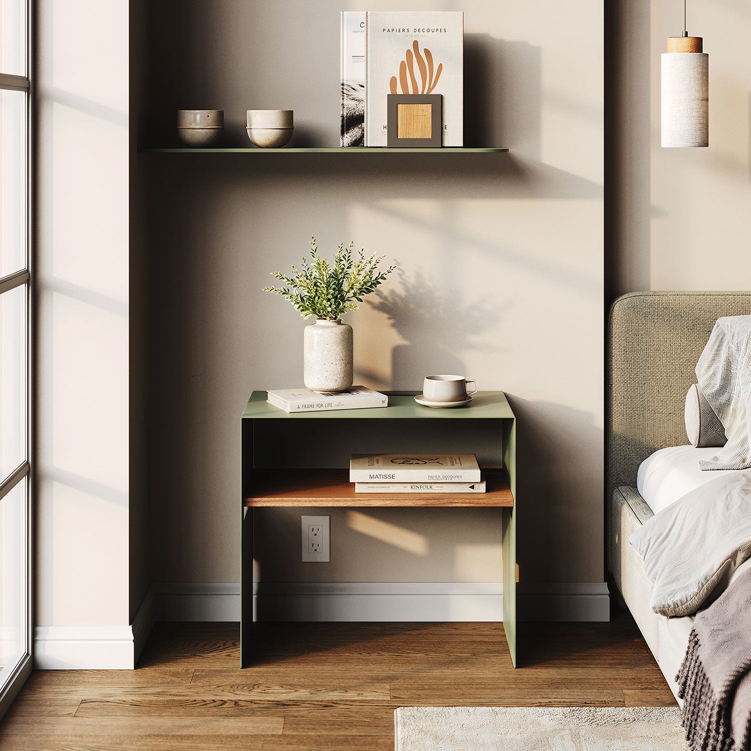 Tuck In Nightstand in a bedroom with books and vase on its open shelf beside a bed and wall display shelf