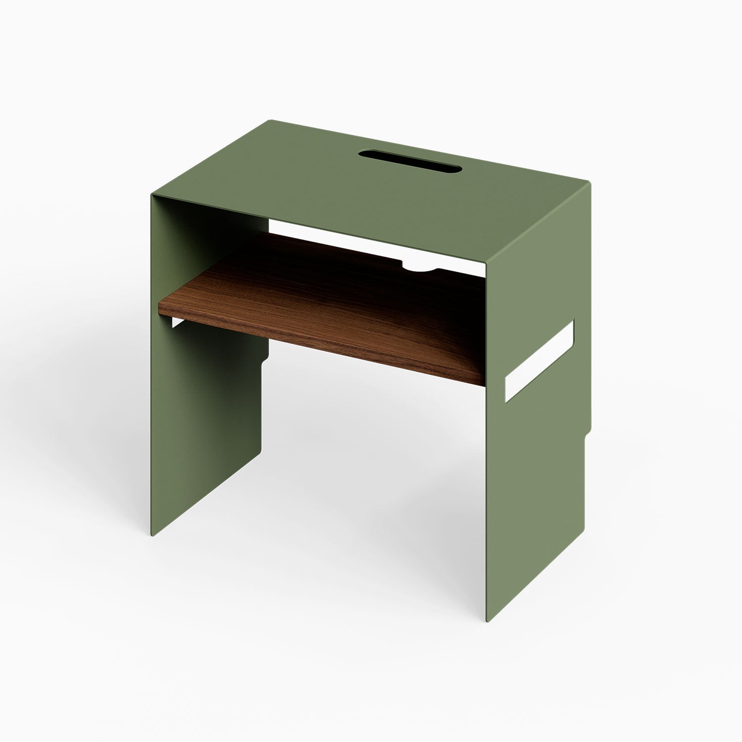 Tuck In Nightstand in green with a warm wood shelf open storage and minimalist functional design