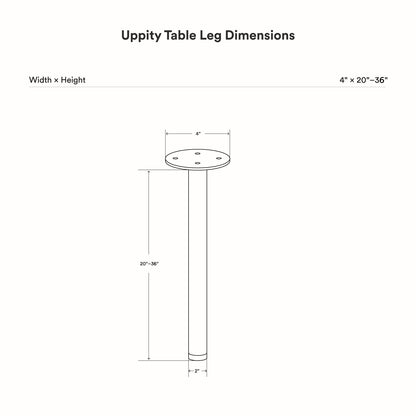 Technical line drawing showing dimensions of Uppity Table Leg with a 4-inch top diameter and adjustable height from 20 to 36 inches.