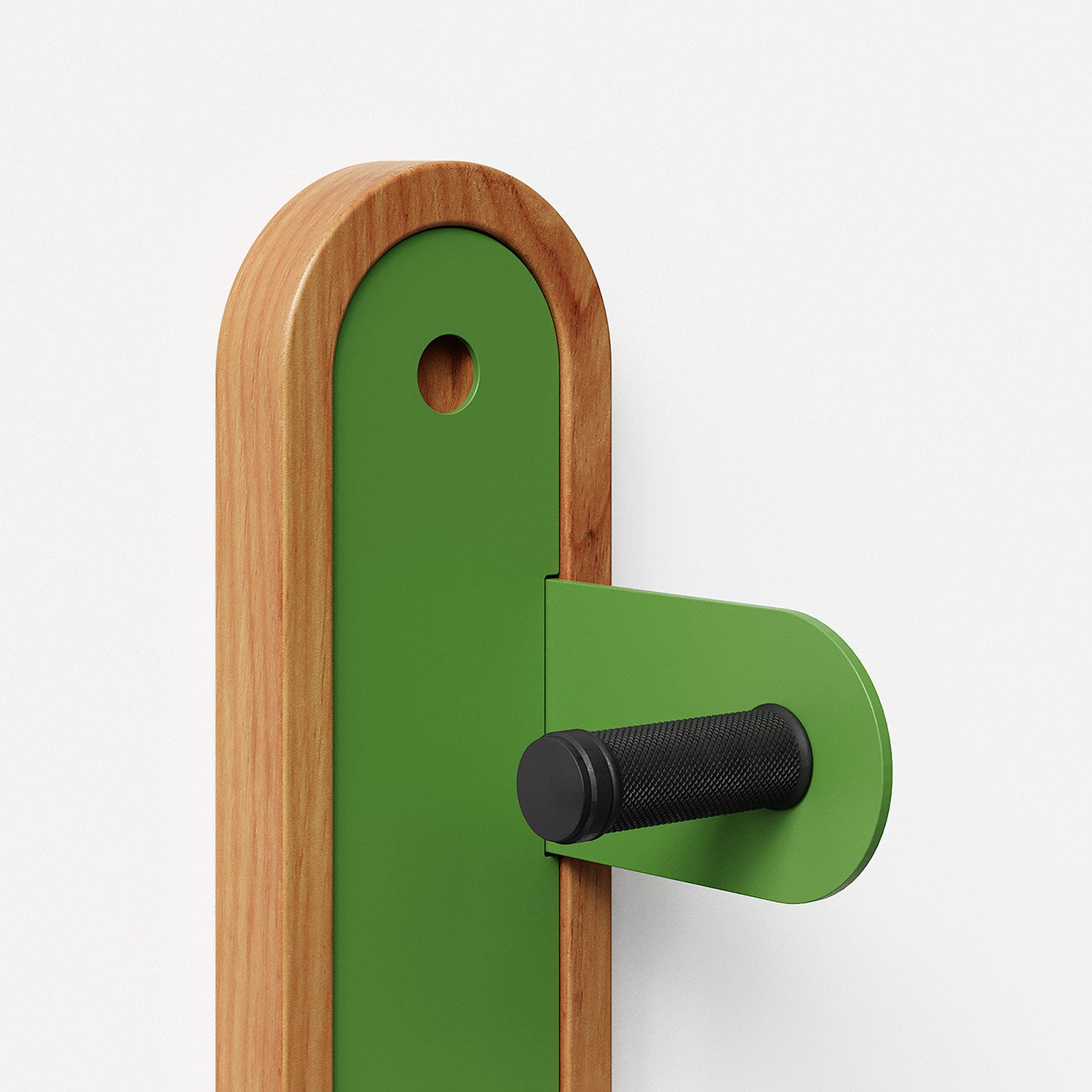 Wallride Vertical Bike Hanger System product image. top portion of product only, against white background. White Oak hardwood finish with limewire powder color hardware.