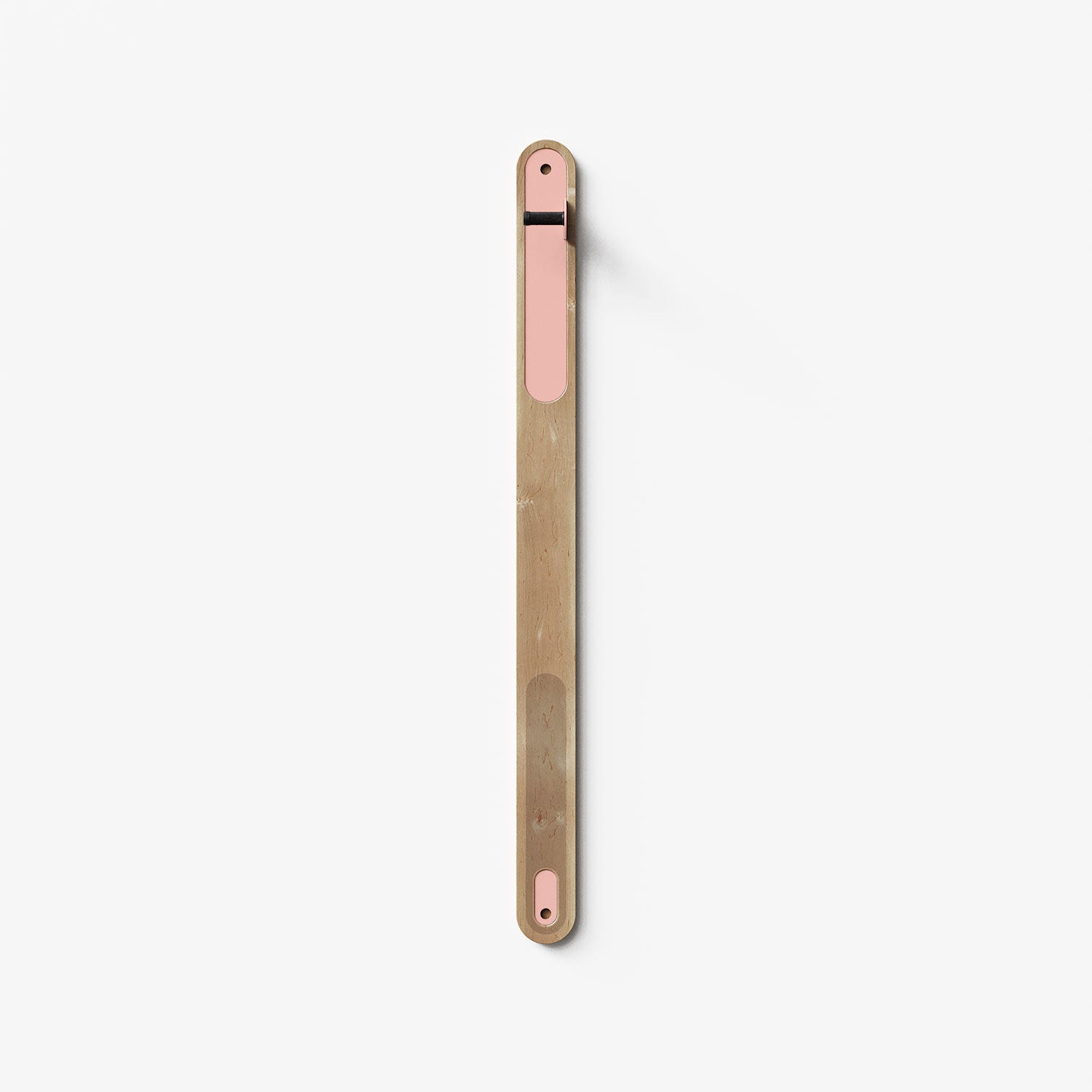 Wallride Vertical Bike Hanger System product image. top portion of product only, against white background. Maple hardwood finish with pink flash powder color hardware