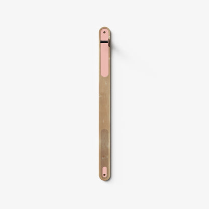 Wallride Vertical Bike Hanger System product image. top portion of product only, against white background. Maple hardwood finish with pink flash powder color hardware