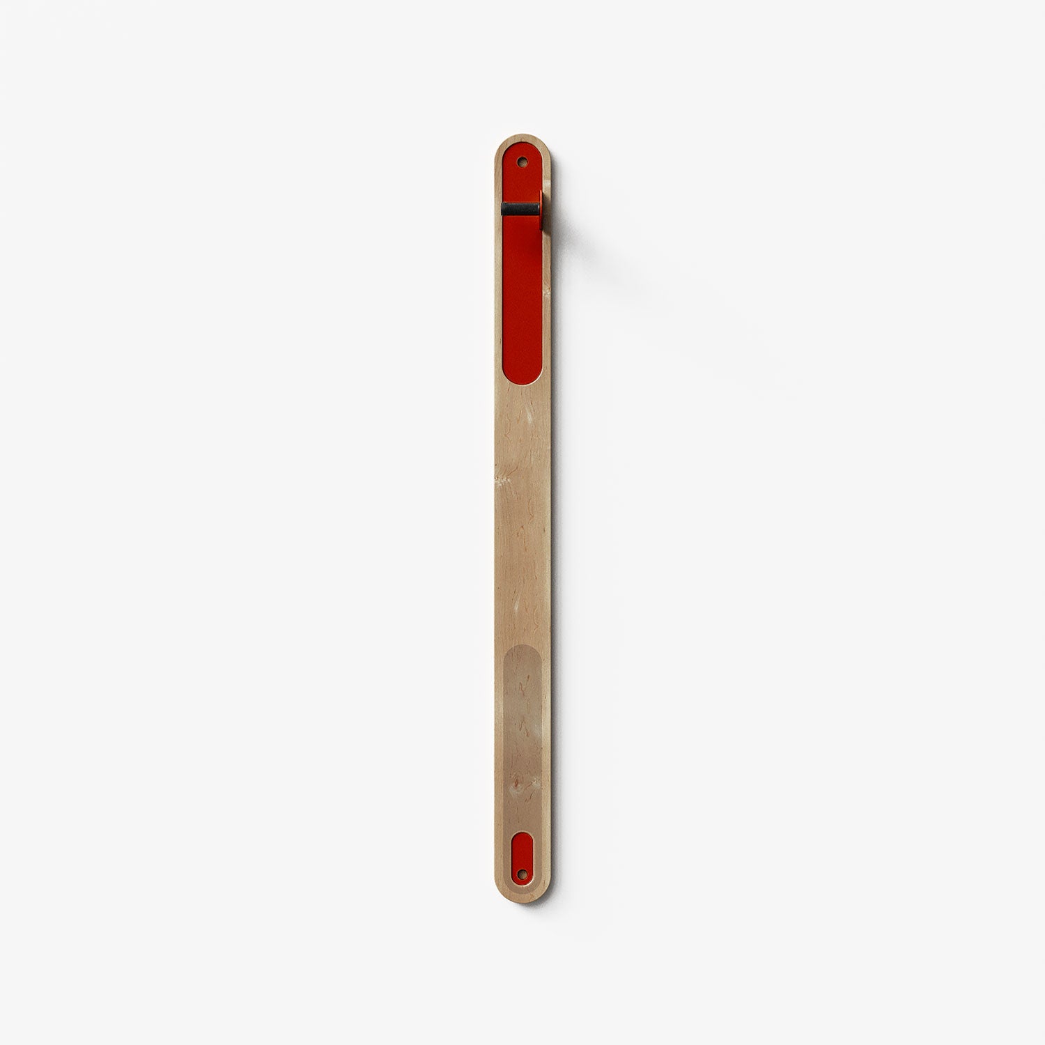 Wallride Vertical Bike Hanger System product image. top portion of product only, against white background. Maple hardwood finish with really red powder color hardware