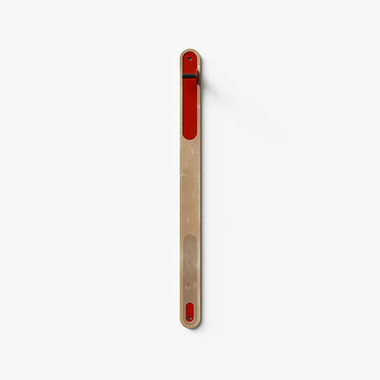 Wallride Vertical Bike Hanger System product image. top portion of product only, against white background. Maple hardwood finish with really red powder color hardware