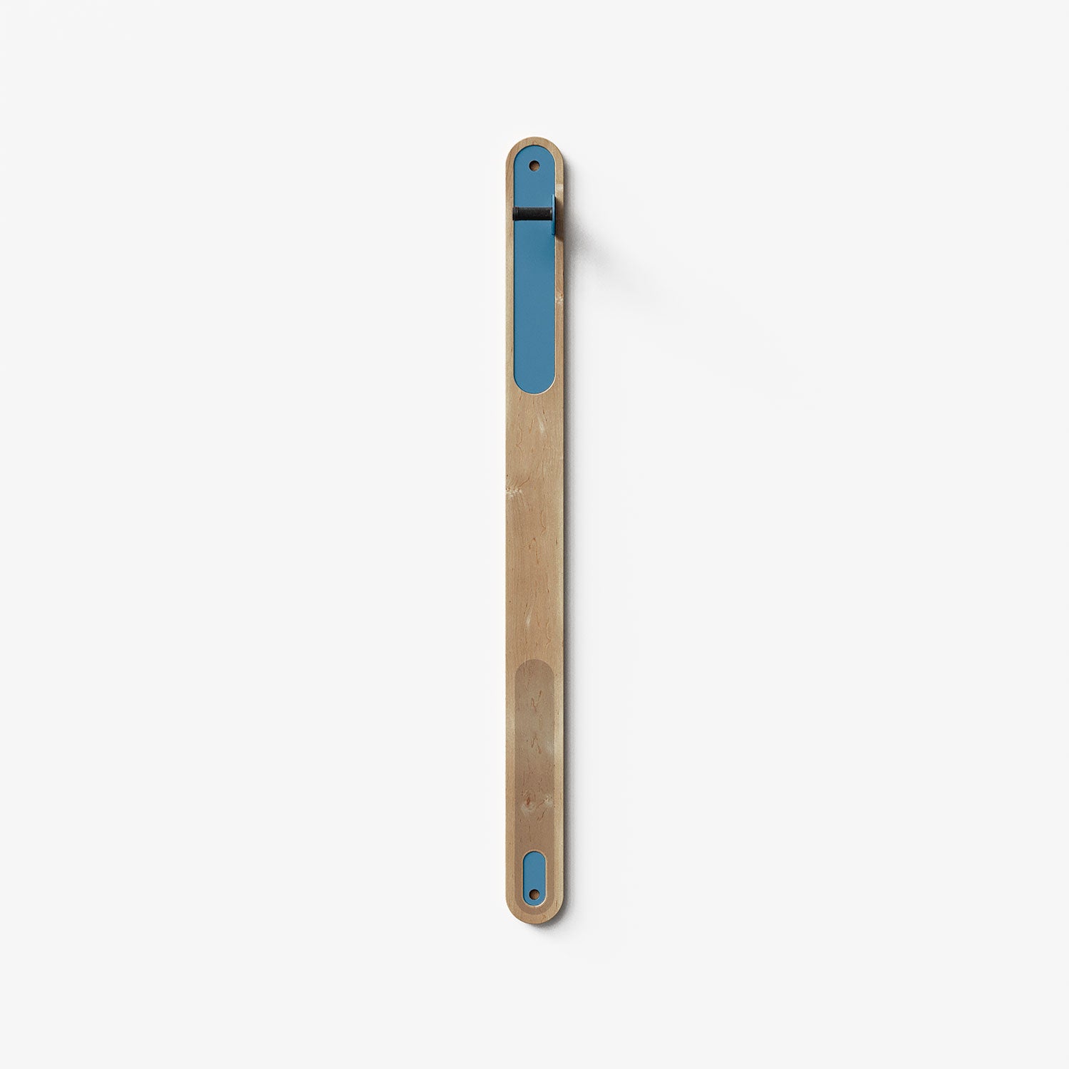 Wallride Vertical Bike Hanger System product image. top portion of product only, against white background. Maple hardwood finish with shelf geek blue powder color hardware