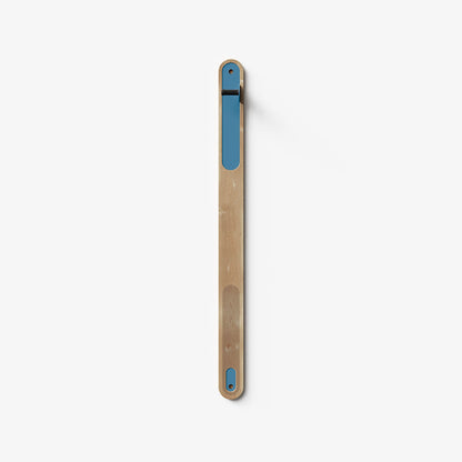 Wallride Vertical Bike Hanger System product image. top portion of product only, against white background. Maple hardwood finish with shelf geek blue powder color hardware