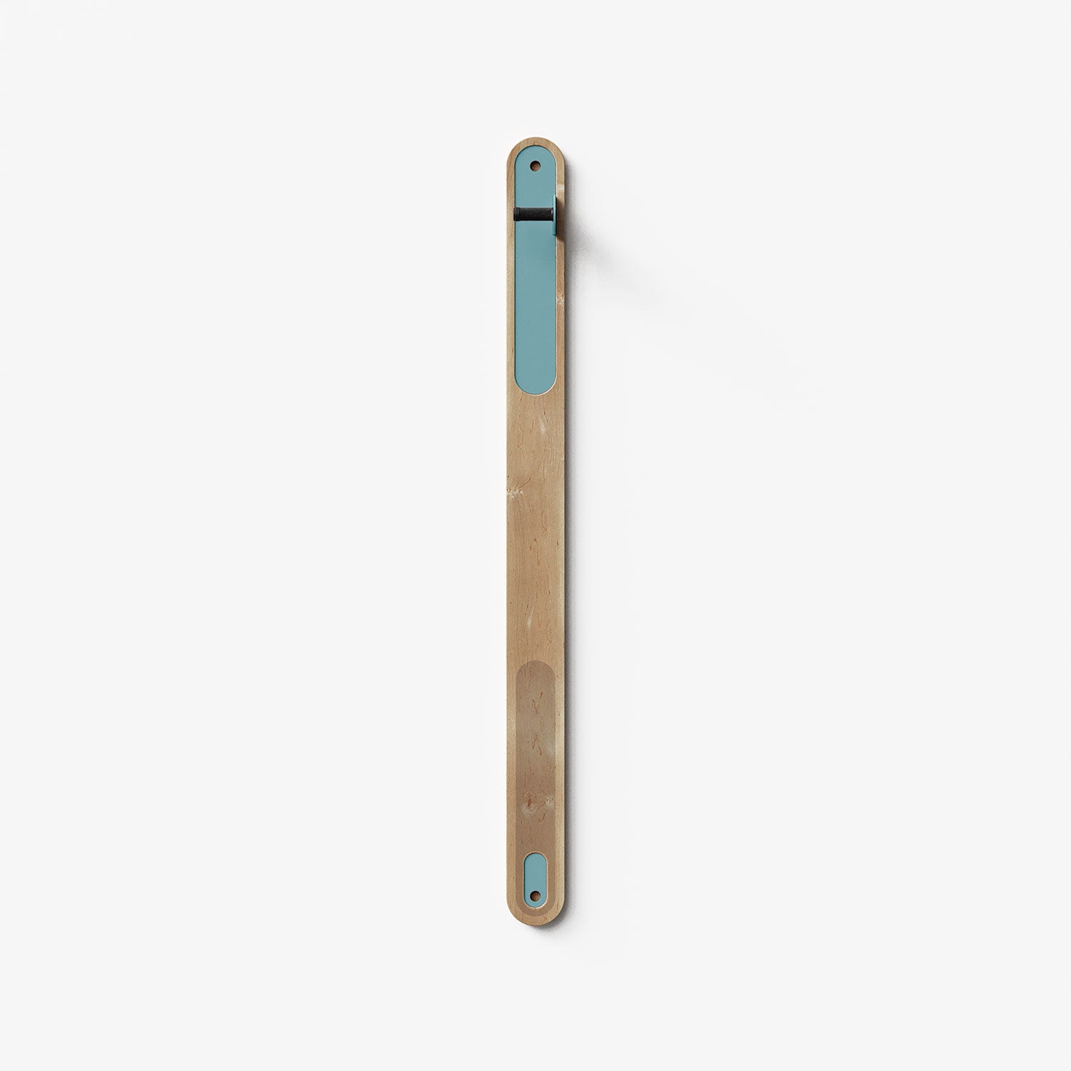 Wallride Vertical Bike Hanger System product image. top portion of product only, against white background. Maple hardwood finish with steely blue powder color hardware